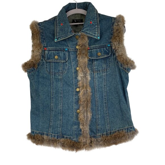 Sisters S Denim Fur Trim Vest Southwest  Embellishments RF10610 EUC - Picture 4 of 8